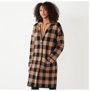 Nine West Long Length Cardigan Sweater XL Brown Black Plaid Check Pockets Fall